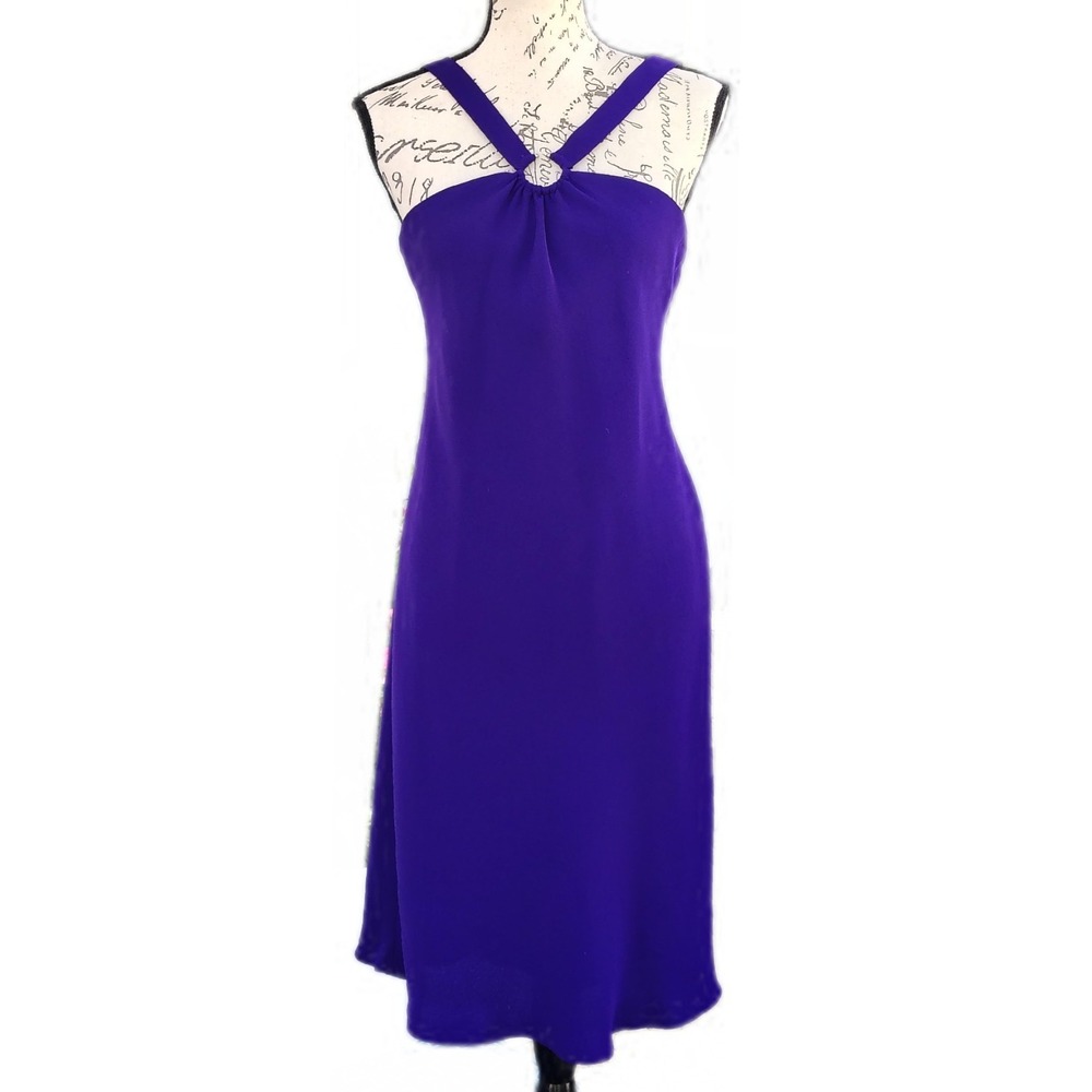 Vintage Jones Wear 90s Purple Halter Dress Low V Back Knee Length Size 10 Formal